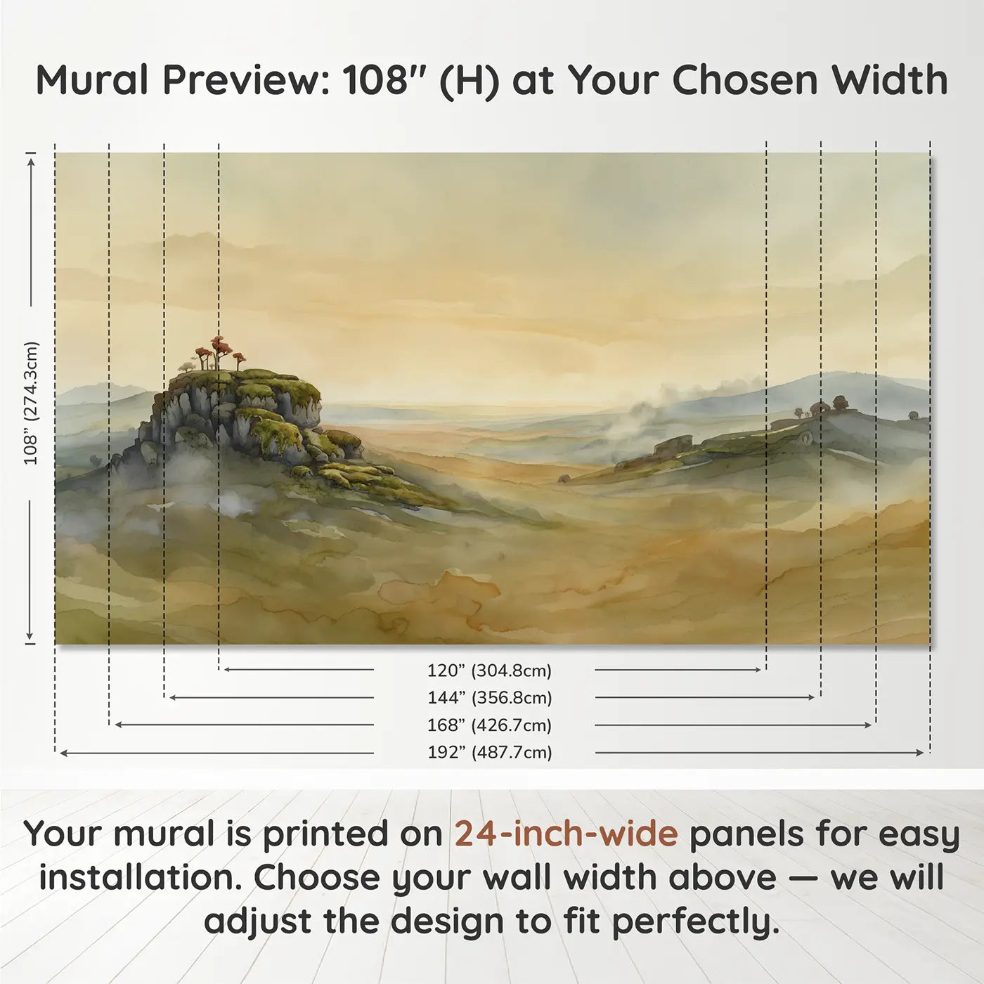 Panel layout and dimensions for Horizon Line Abstract Earth Wallpaper Mural by Whimsy Tots