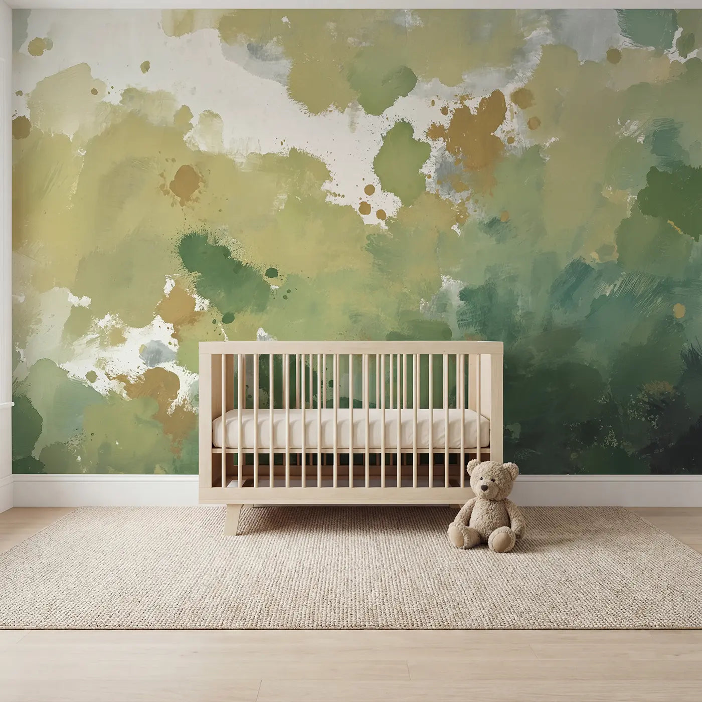 Soft Pastel green splash white space abstract wallpaper mural for nursery by Whimsy Tots