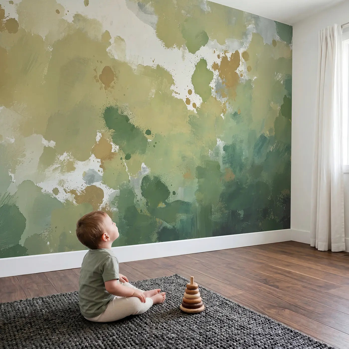 Child in nursery with Green Splash White Space Abstract Wallpaper Mural by Whimsy Tots