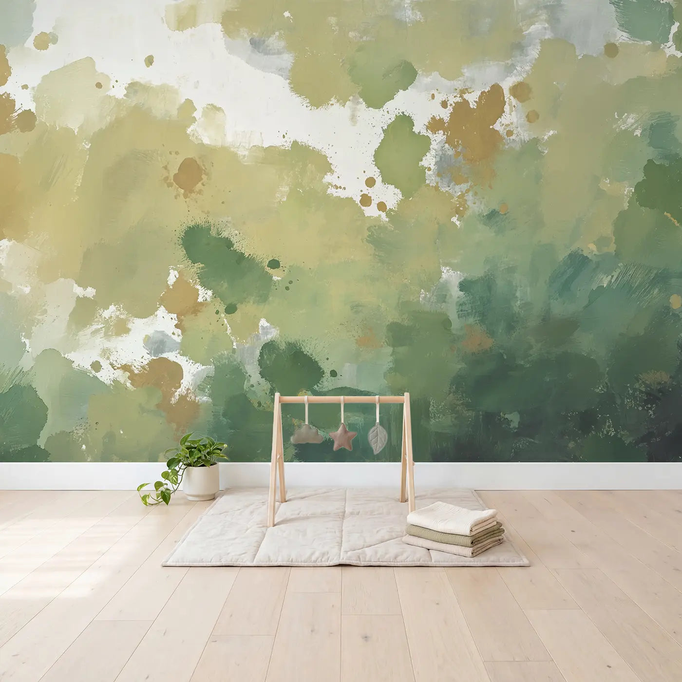 Green Splash White Space Abstract Wallpaper Mural in playroom setting by Whimsy Tots