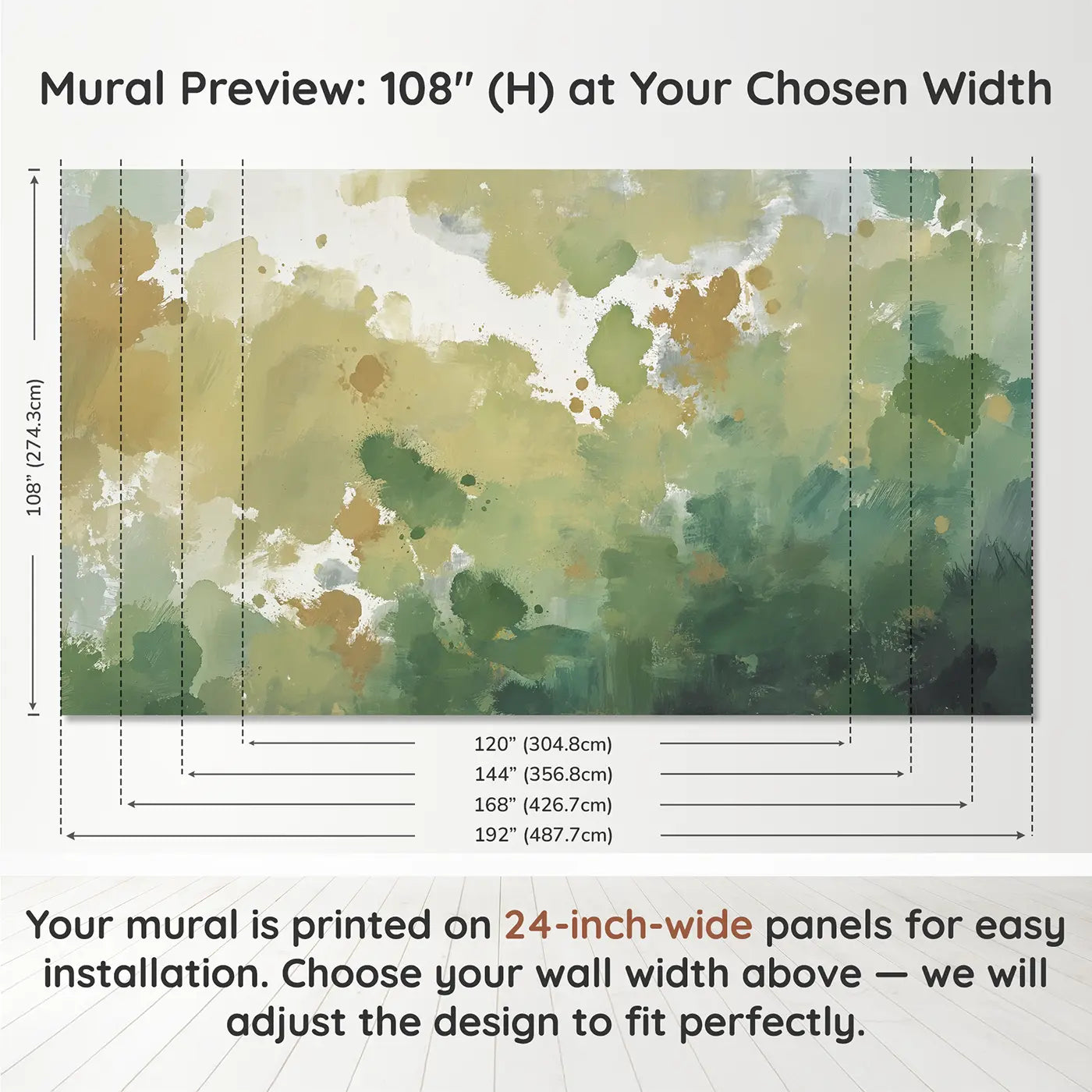 Panel layout and dimensions for Green Splash White Space Abstract Wallpaper Mural by Whimsy Tots