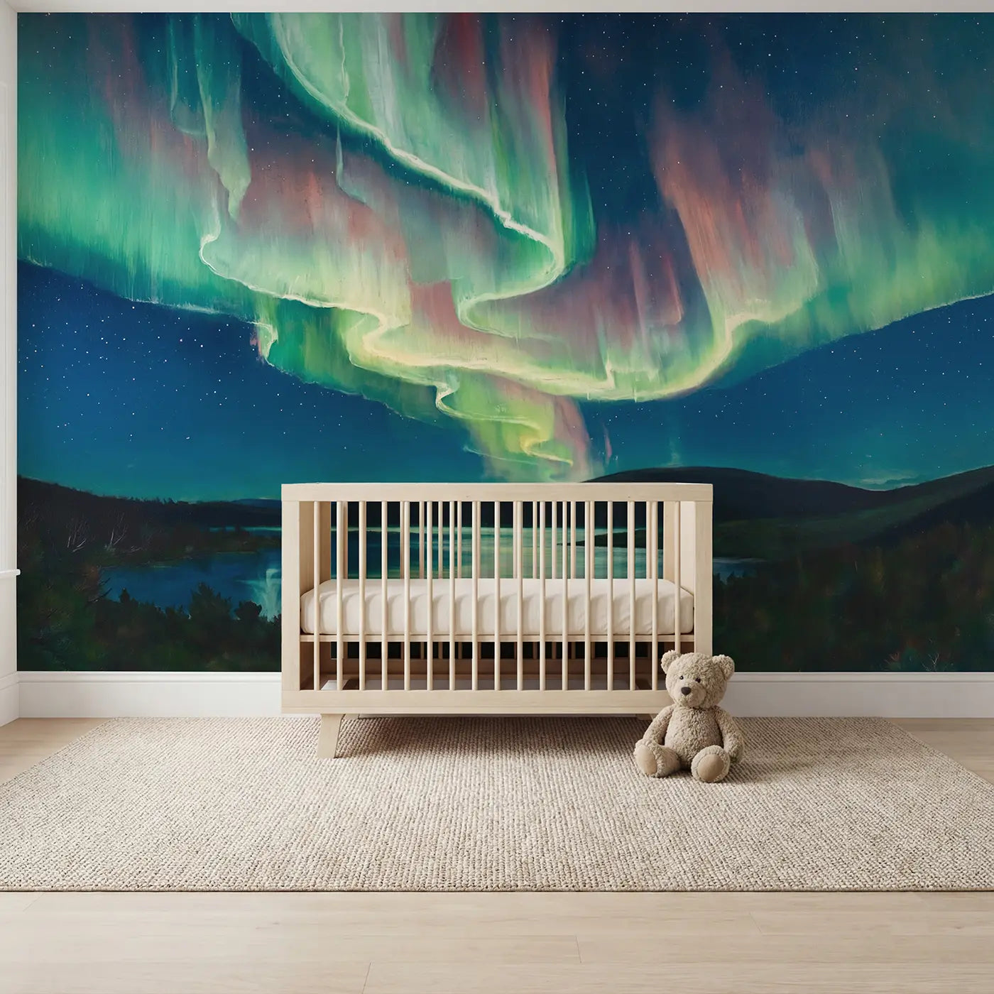 Painted landscape abstract aurora curtains wallpaper mural for kids room by Whimsy Tots