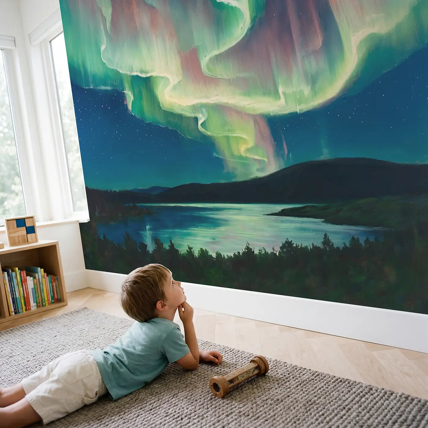Child in nursery with Abstract Aurora Curtains Wallpaper Mural by Whimsy Tots