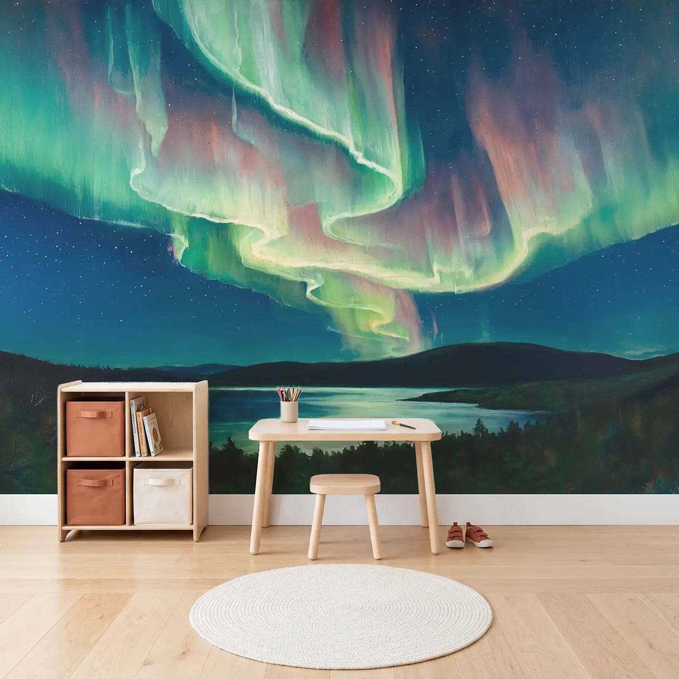 Abstract Aurora Curtains Wallpaper Mural in playroom setting by Whimsy Tots