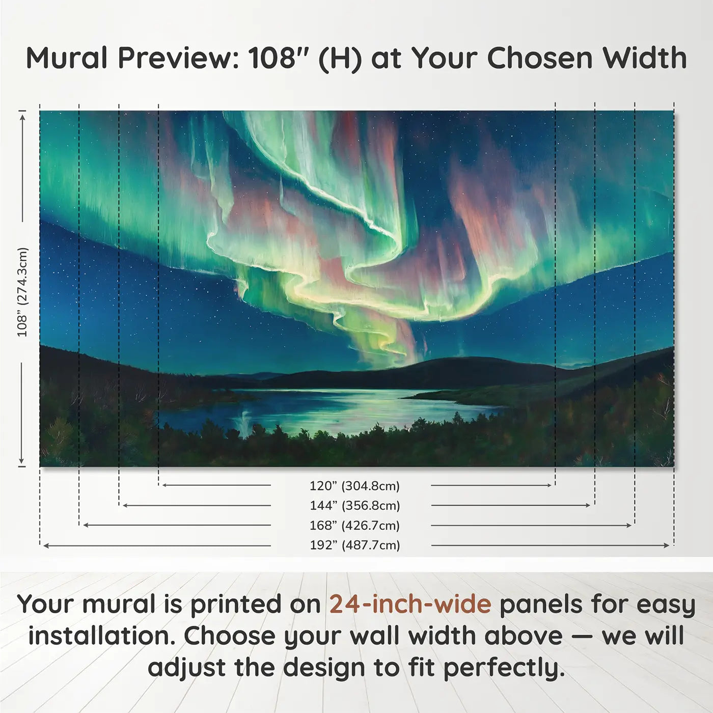 Panel layout and dimensions for Abstract Aurora Curtains Wallpaper Mural by Whimsy Tots
