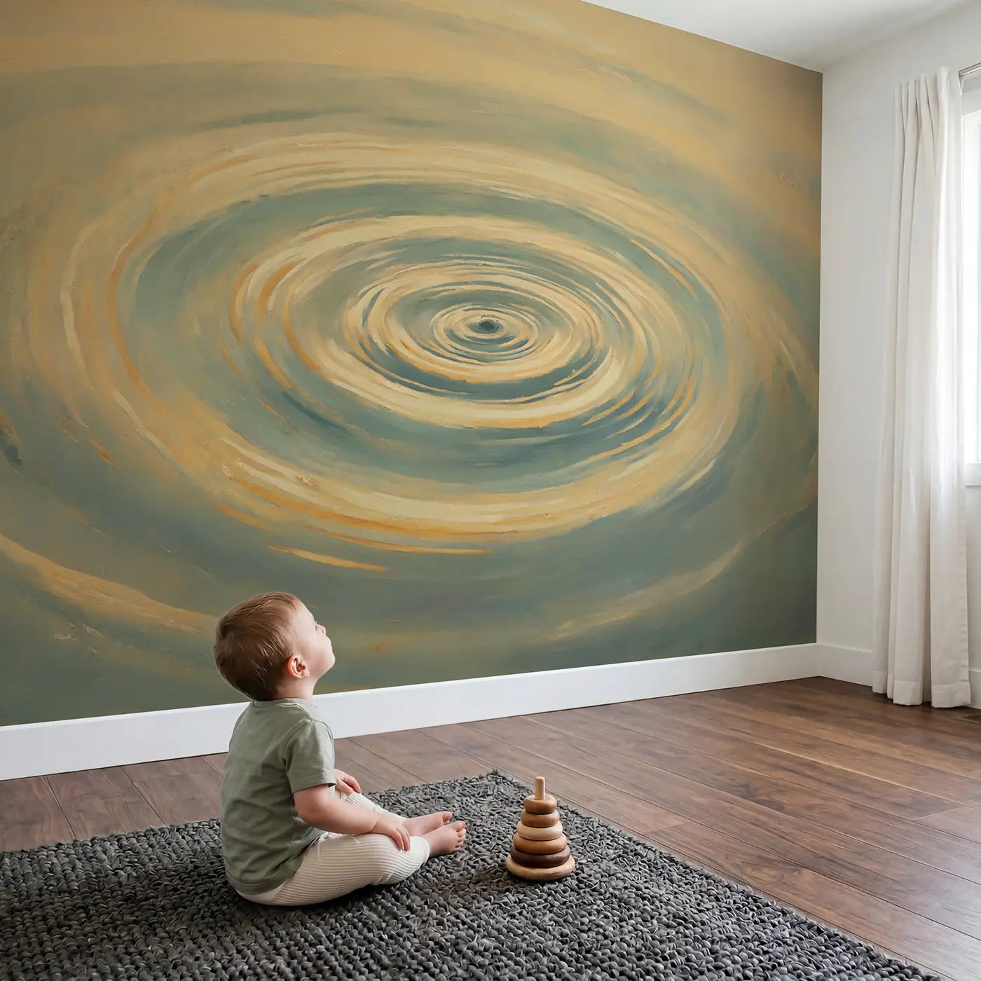 Child in nursery with Ripple Ring Pond Abstract Wallpaper Mural by Whimsy Tots