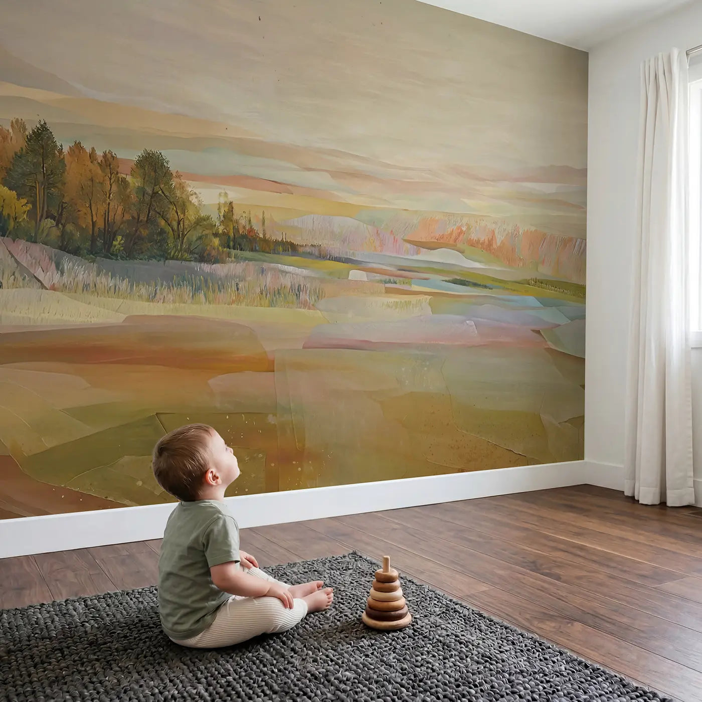 Child in nursery with Pastel Abstract Crayon Texture Wallpaper Mural by Whimsy Tots