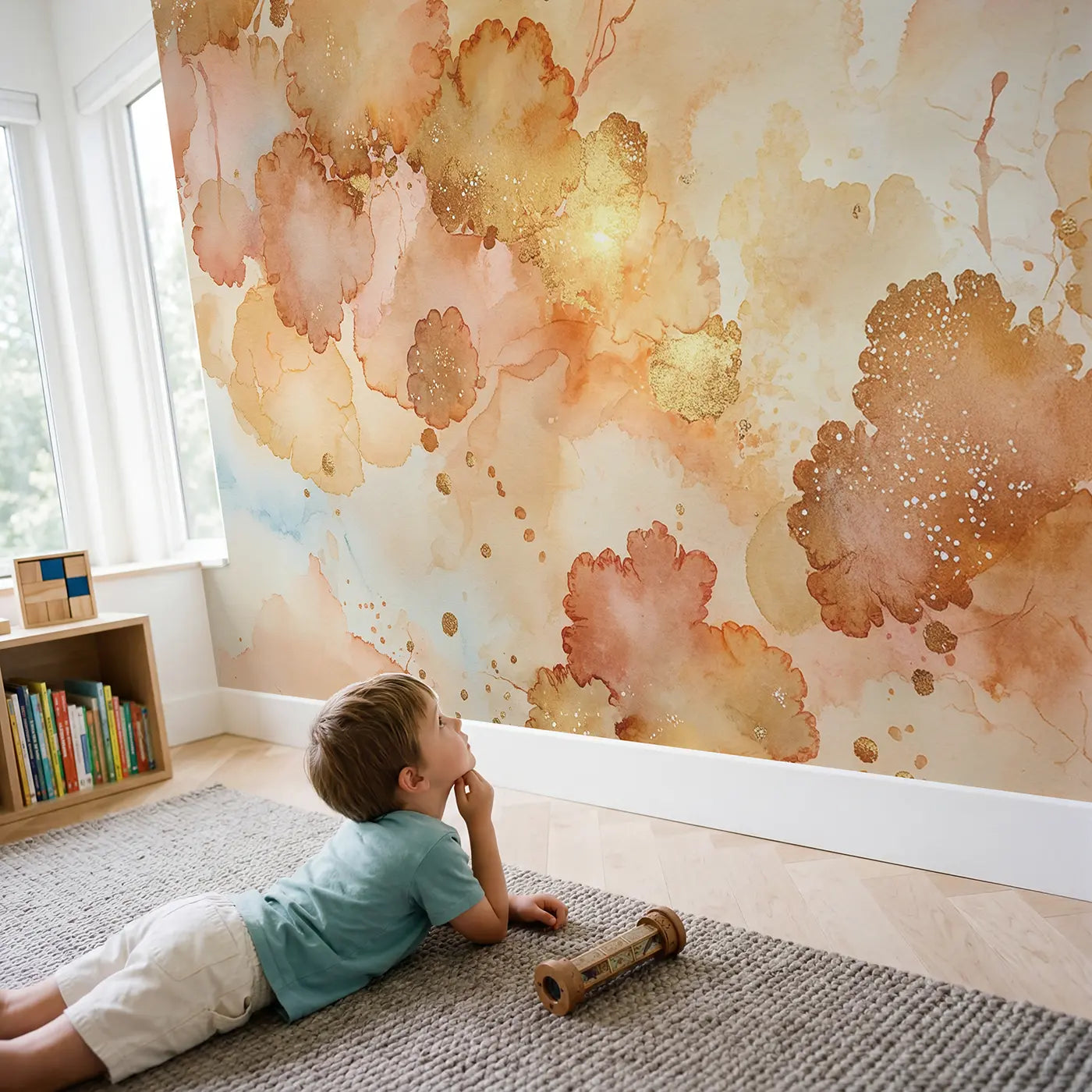 Child in nursery with Golden Sunset Watercolor Stain Wallpaper Mural by Whimsy Tots