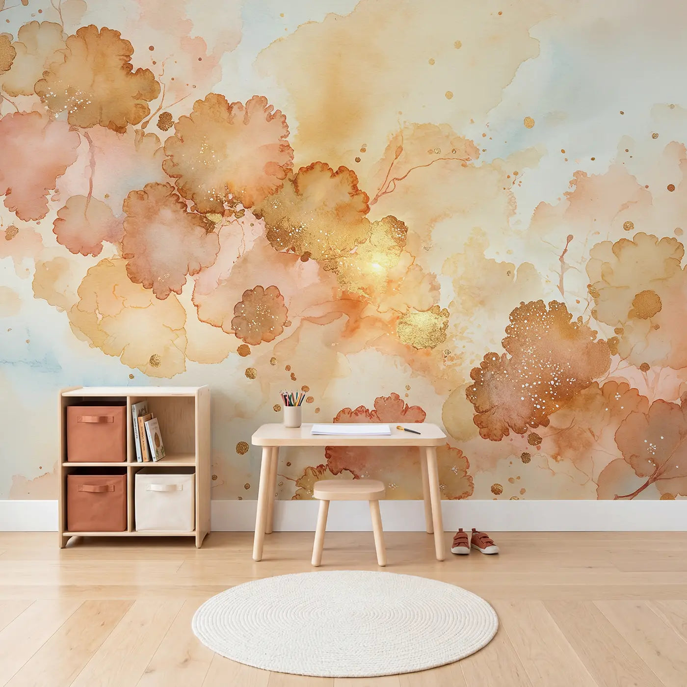 Golden Sunset Watercolor Stain Wallpaper Mural in playroom setting by Whimsy Tots