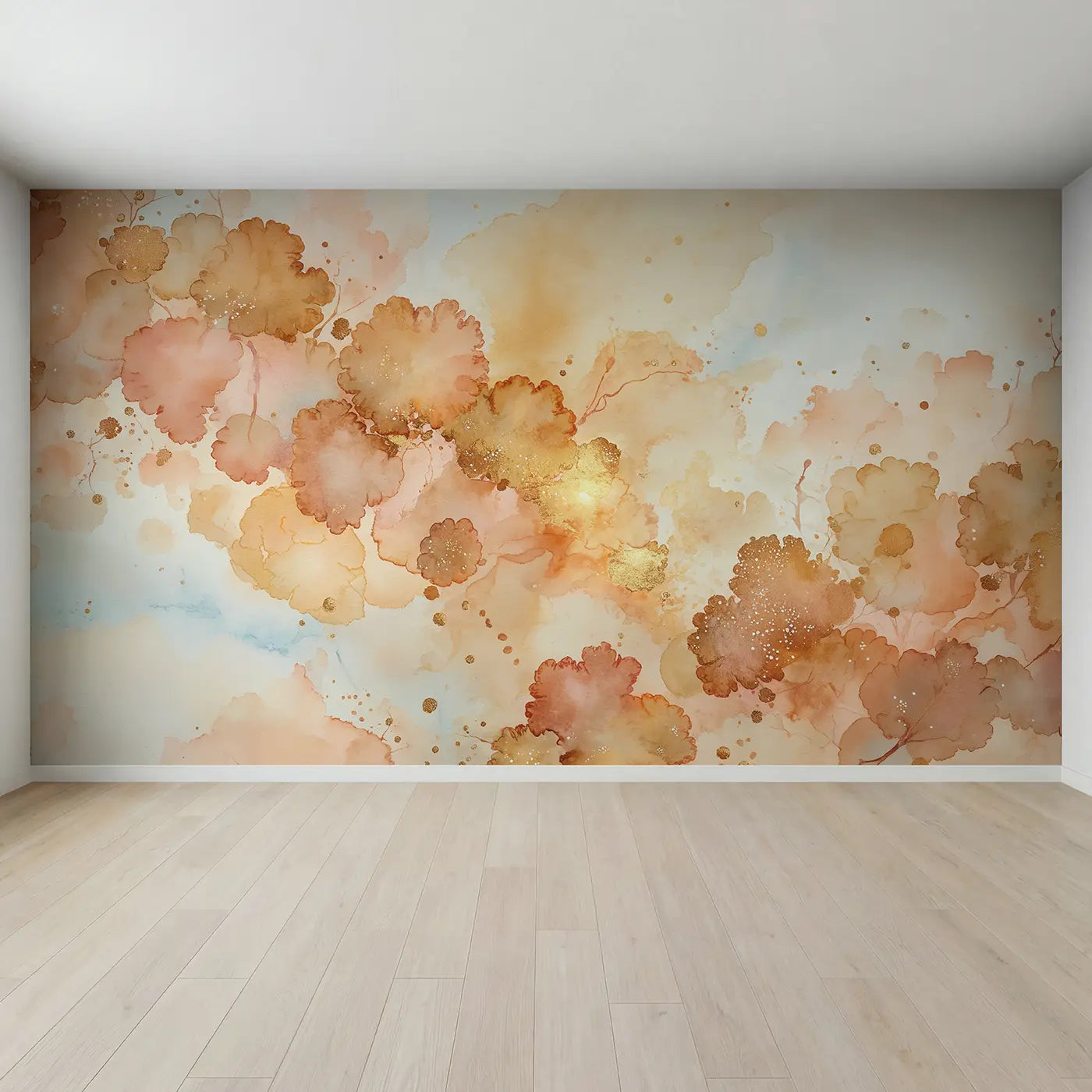 Full view of Golden Sunset Watercolor Stain Wallpaper Mural by Whimsy Tots