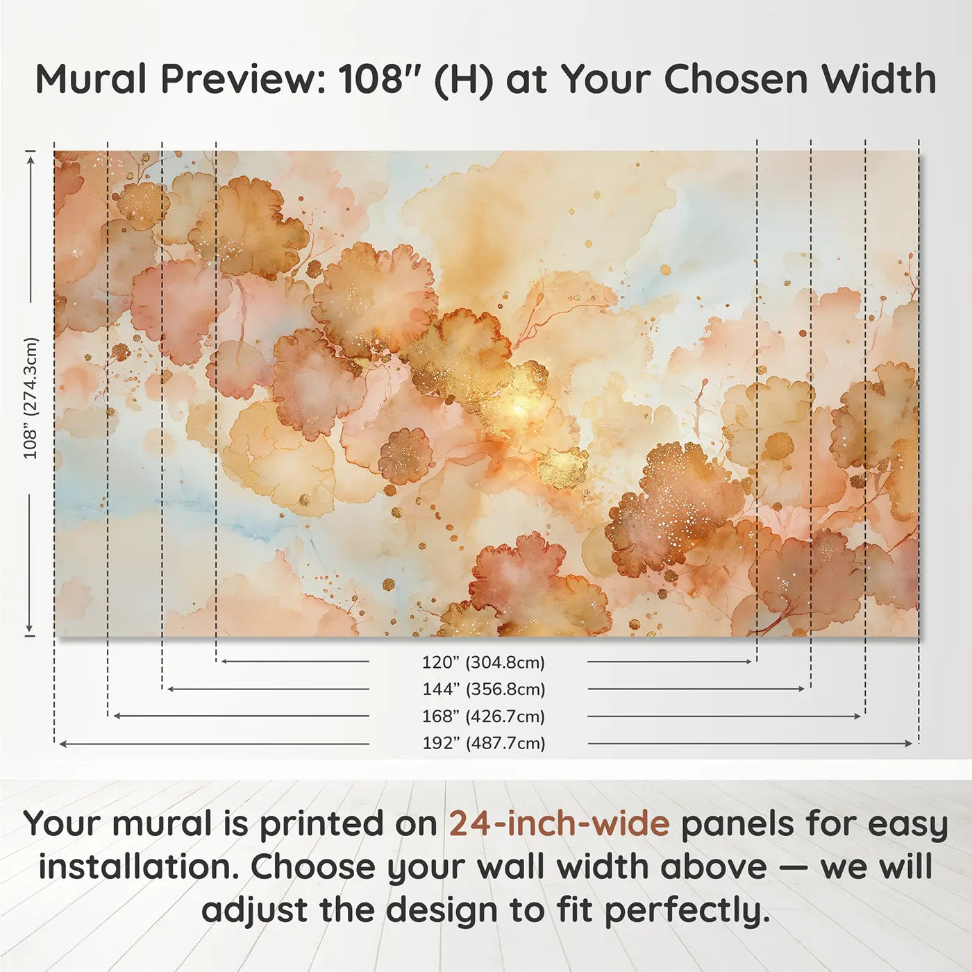 Panel layout and dimensions for Golden Sunset Watercolor Stain Wallpaper Mural by Whimsy Tots