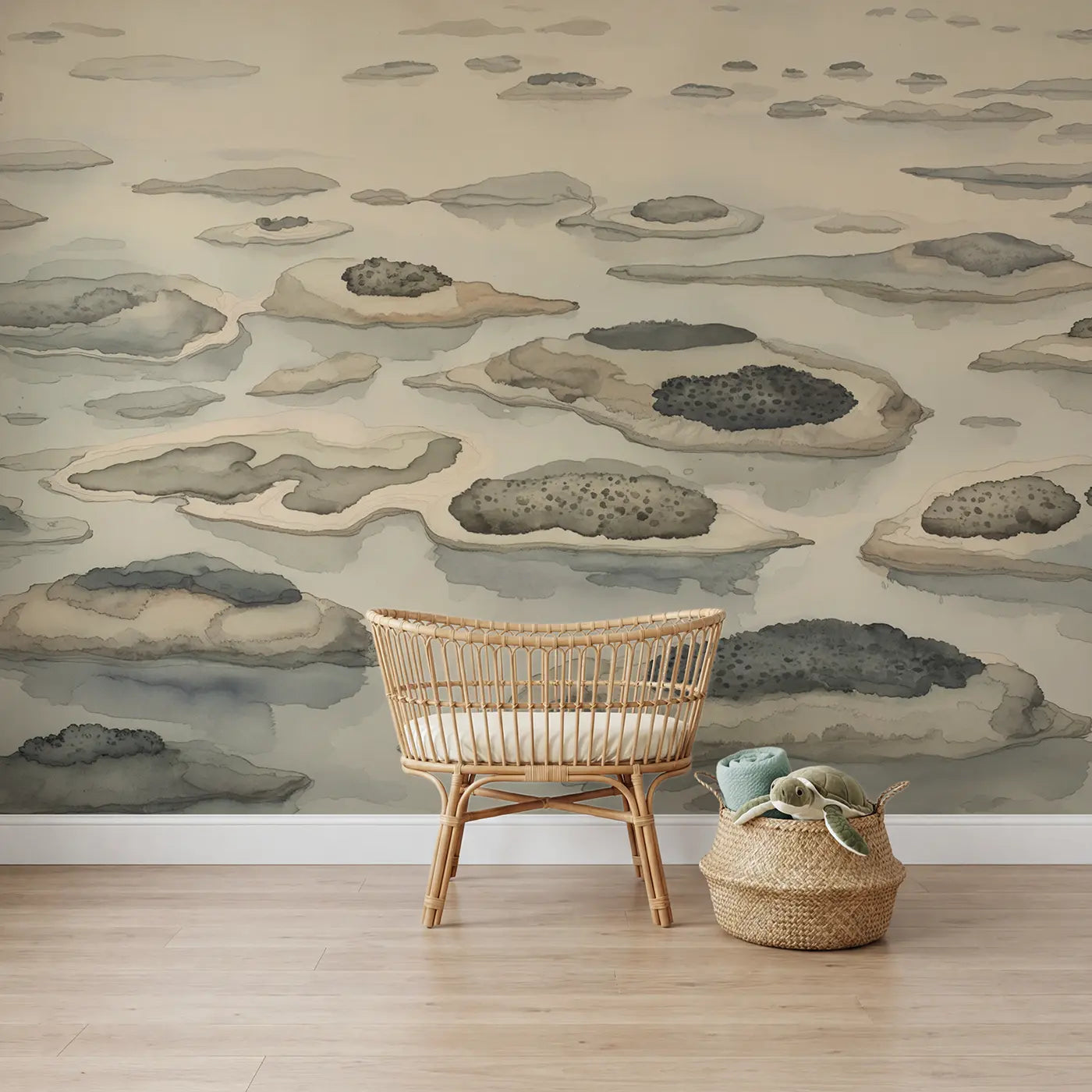 watercolor abstract ink wash archipelago neutral wallpaper mural for boys room by Whimsy Tots