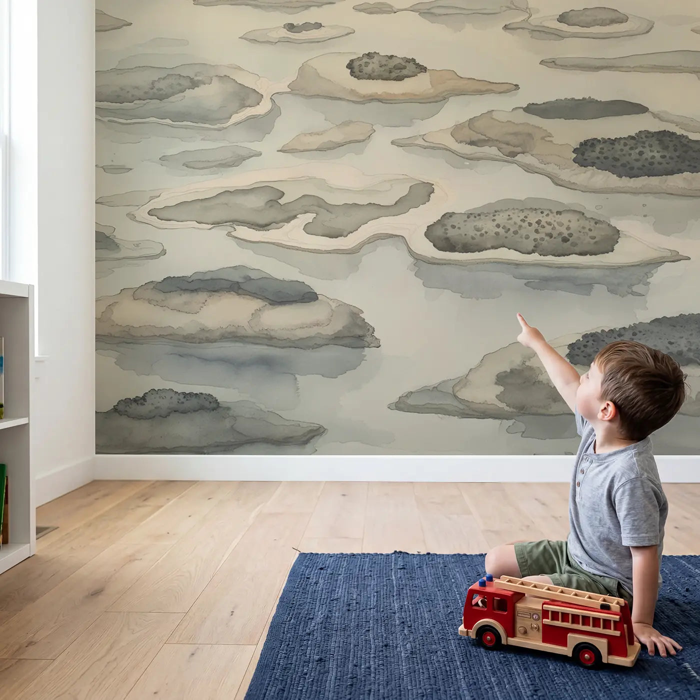 Child in nursery with Abstract Ink Archipelago Wallpaper Mural by Whimsy Tots