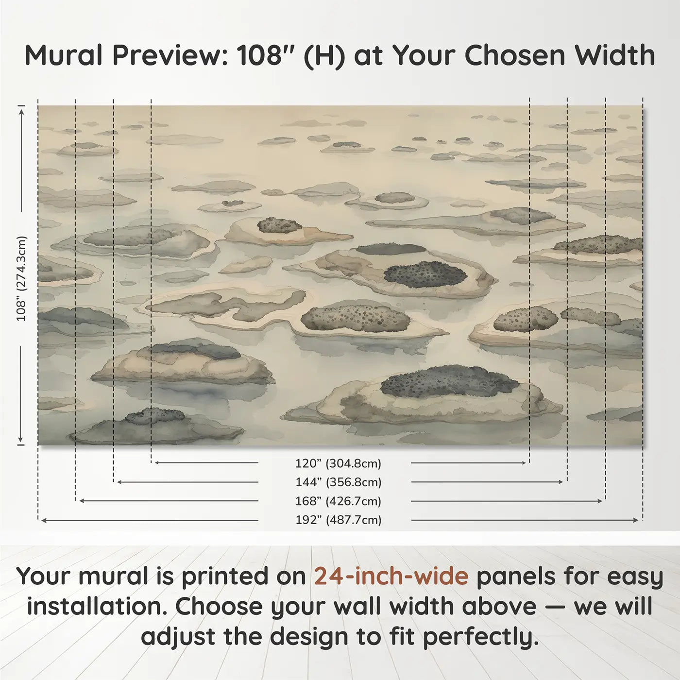 Panel layout and dimensions for Abstract Ink Archipelago Wallpaper Mural by Whimsy Tots