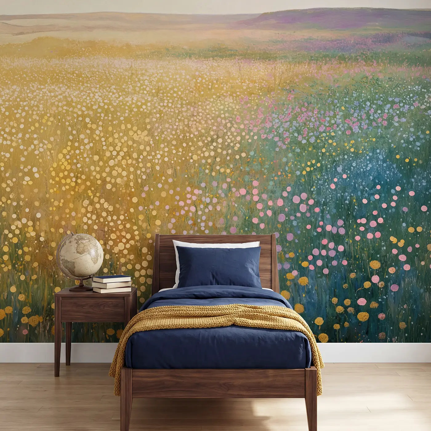 soft pastel abstract dotted meadow impression wallpaper mural for kids room by Whimsy Tots