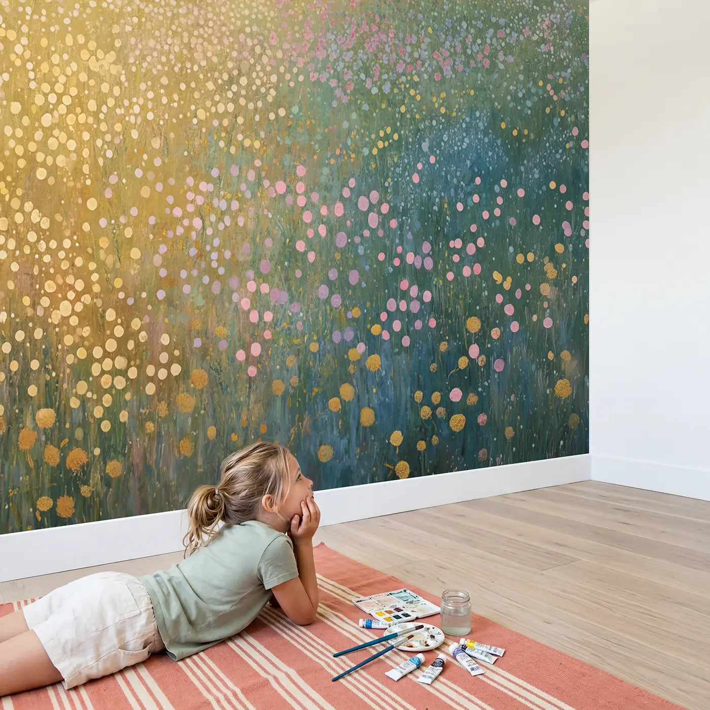 Child in nursery with Dotted Meadow Impression Wallpaper Mural by Whimsy Tots