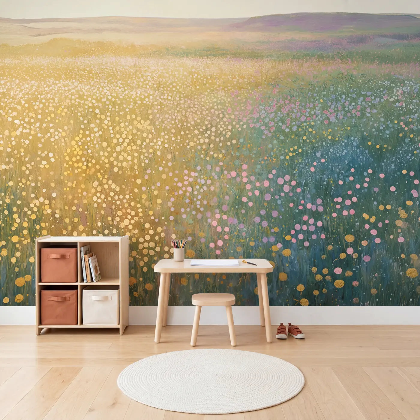 Dotted Meadow Impression Wallpaper Mural in playroom setting by Whimsy Tots