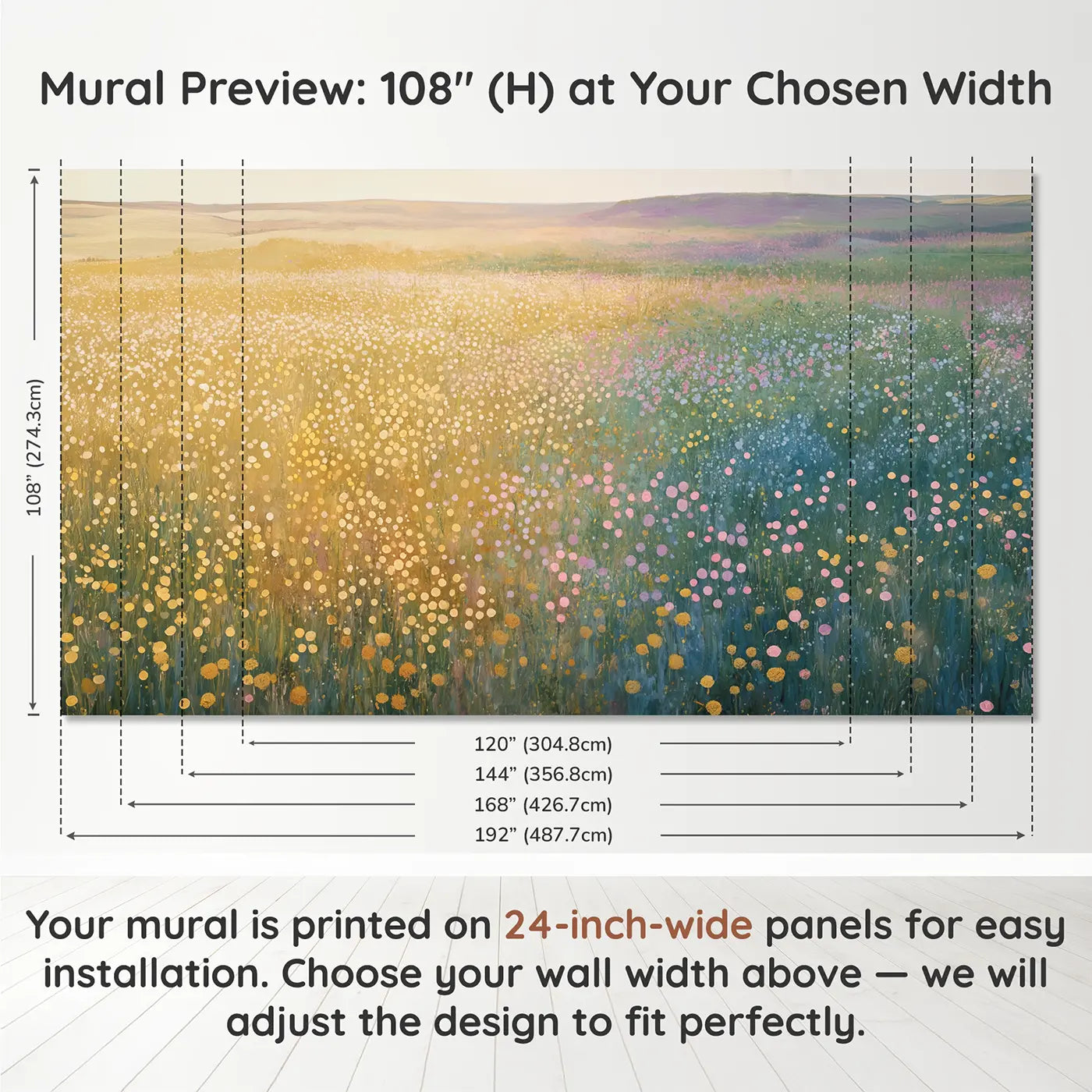 Panel layout and dimensions for Dotted Meadow Impression Wallpaper Mural by Whimsy Tots