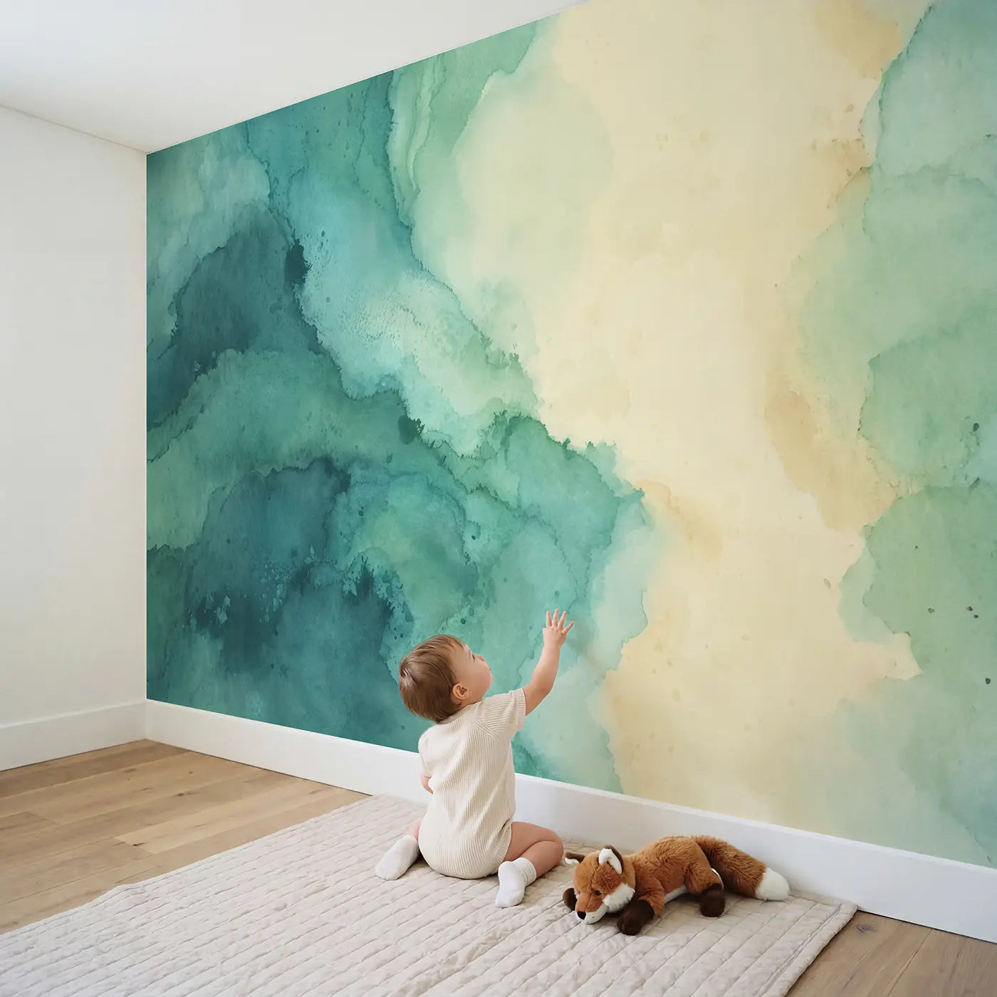 Child in nursery with Teal Cream Gradient Wash Wallpaper Mural by Whimsy Tots
