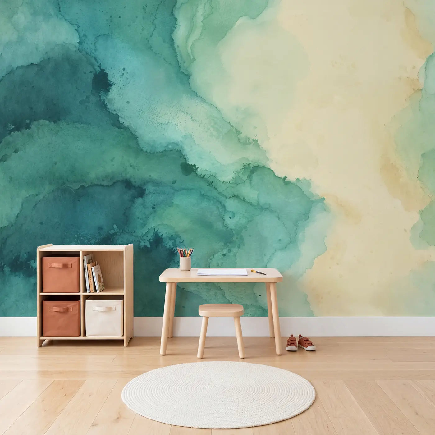 Teal Cream Gradient Wash Wallpaper Mural in playroom setting by Whimsy Tots