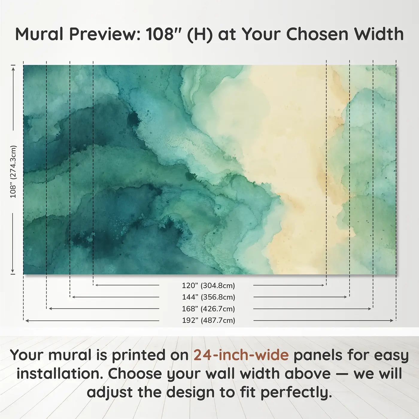 Panel layout and dimensions for Teal Cream Gradient Wash Wallpaper Mural by Whimsy Tots
