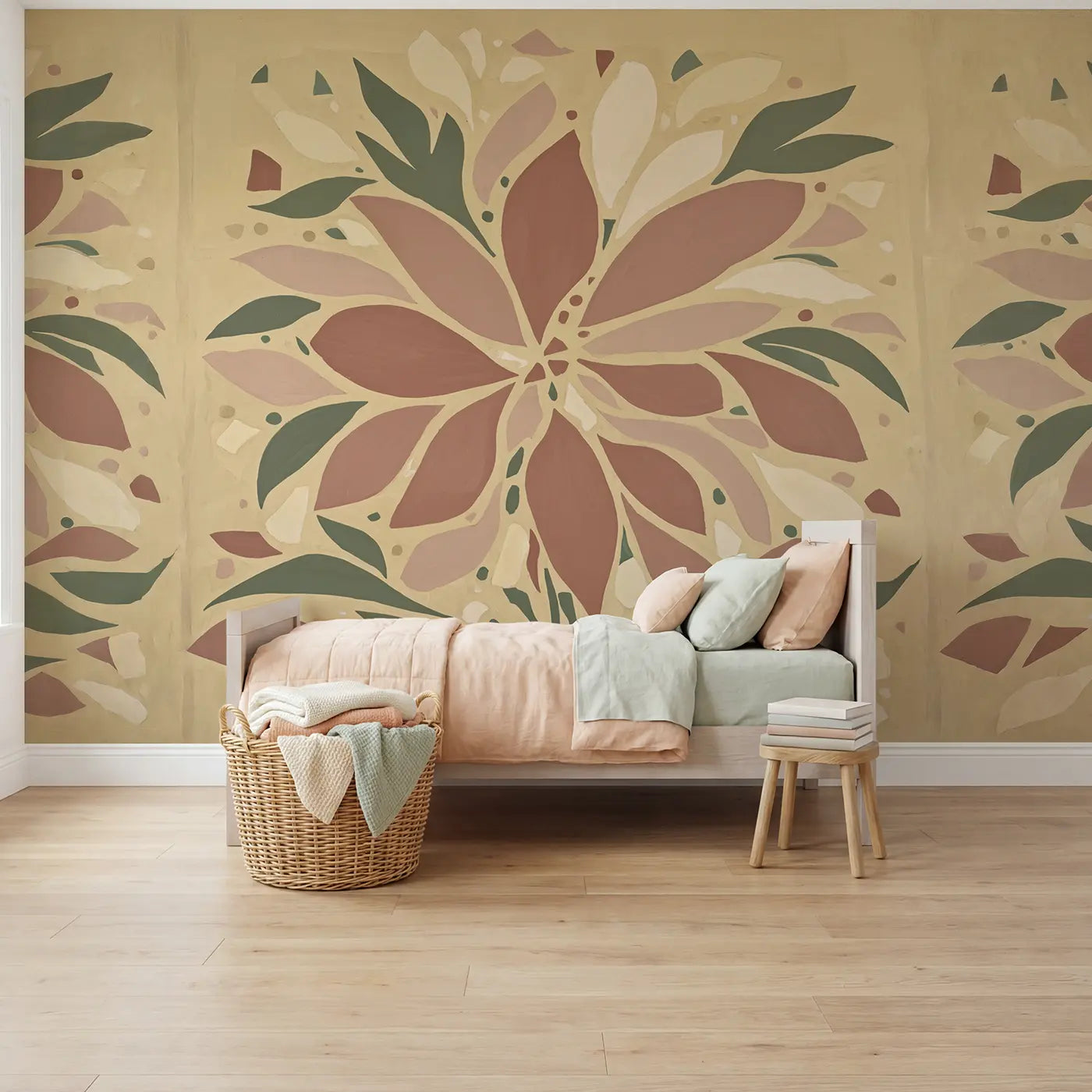 Modern illustration bloom and brushstroke abstract wallpaper mural for kids room by Whimsy Tots