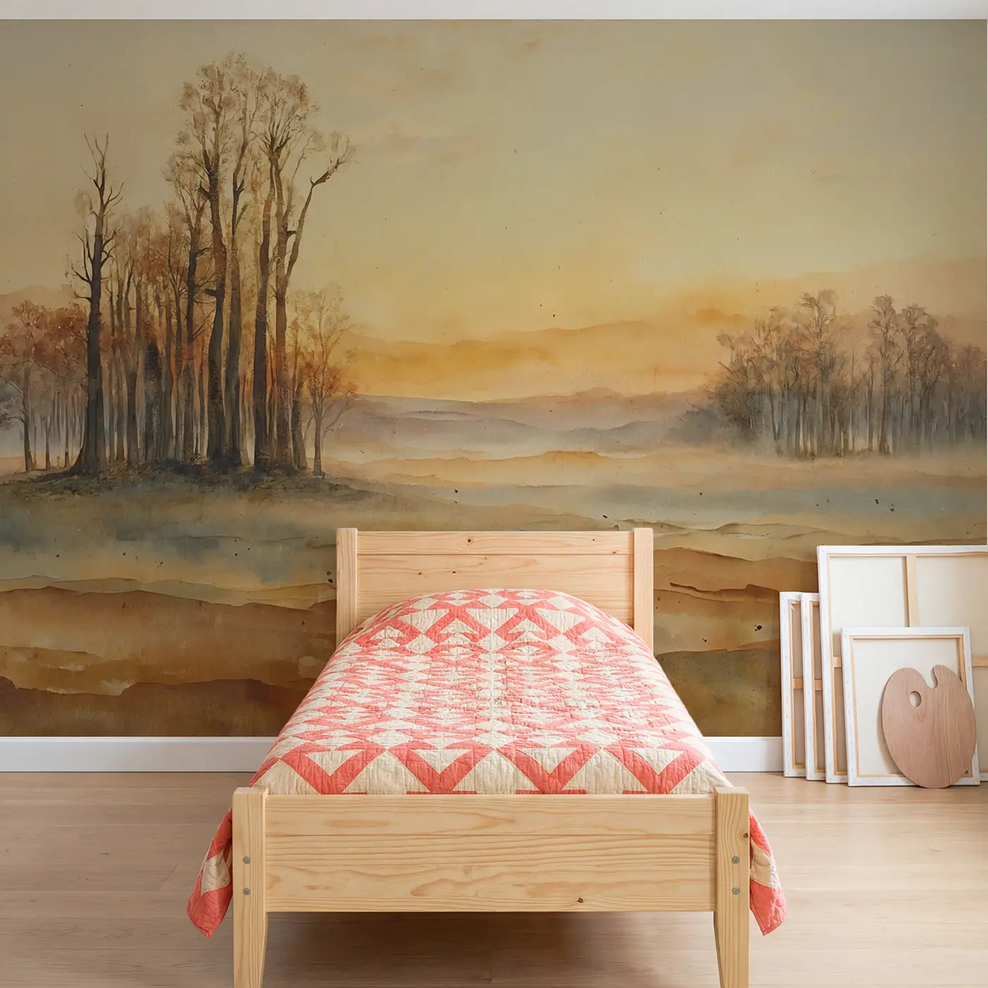 Painted landscape abstract sunrise warm wallpaper mural for girls room by Whimsy Tots