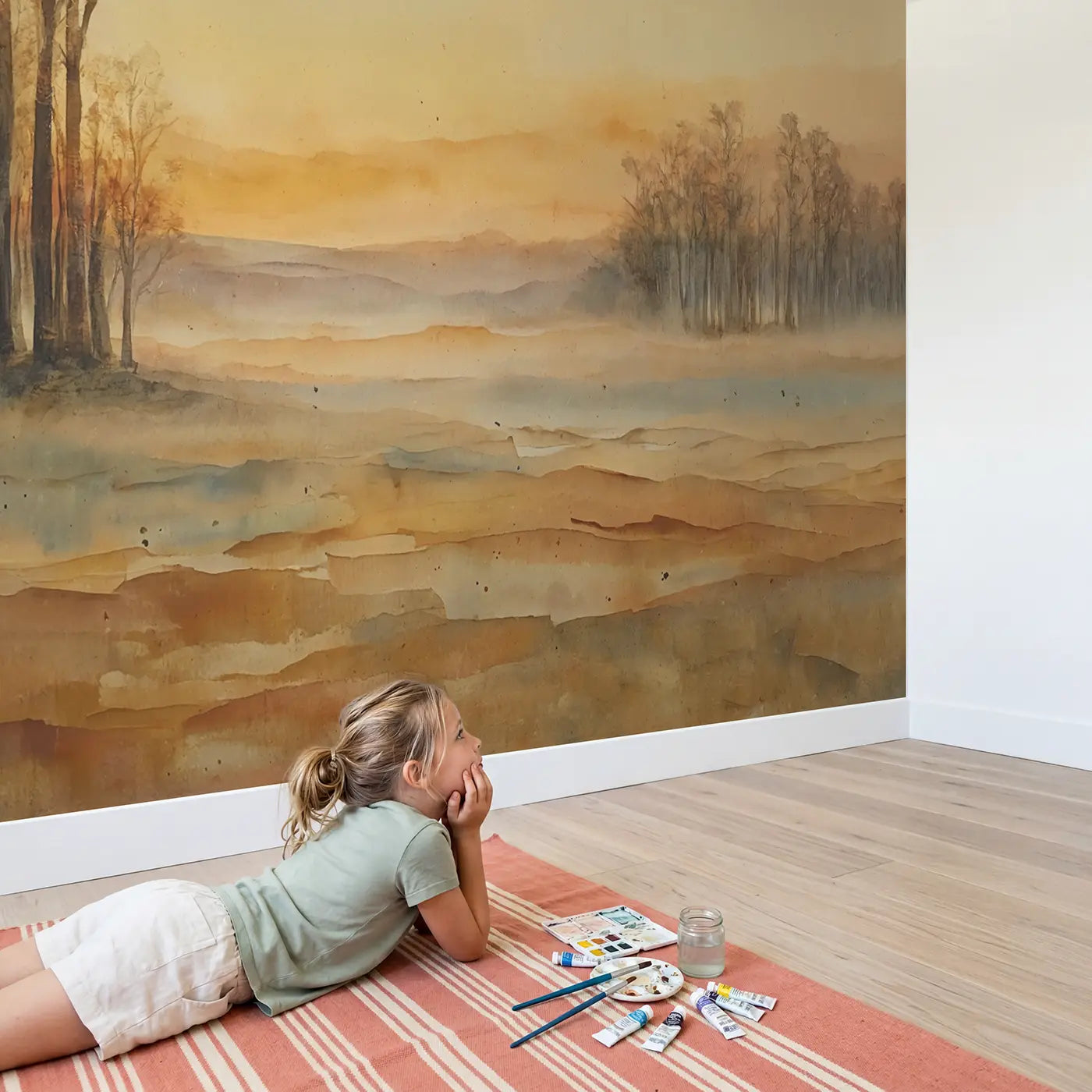 Child in nursery with Watercolor Sunrise Abstract Warm Wallpaper Mural by Whimsy Tots
