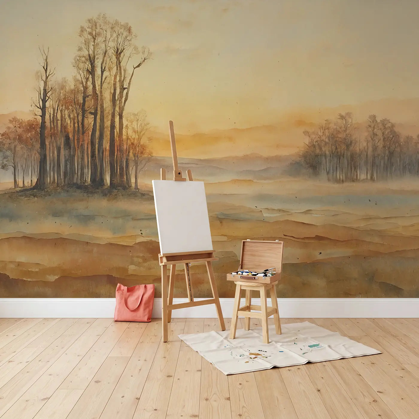 Watercolor Sunrise Abstract Warm Wallpaper Mural in playroom setting by Whimsy Tots