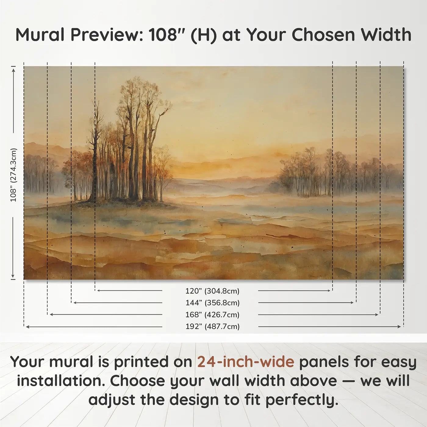 Panel layout and dimensions for Watercolor Sunrise Abstract Warm Wallpaper Mural by Whimsy Tots