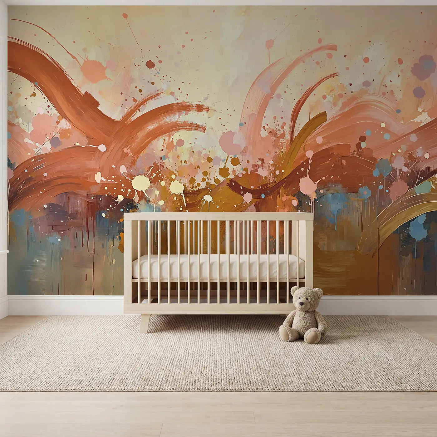 Painted landscape gestural abstract brushstroke wallpaper mural for nursery by Whimsy Tots
