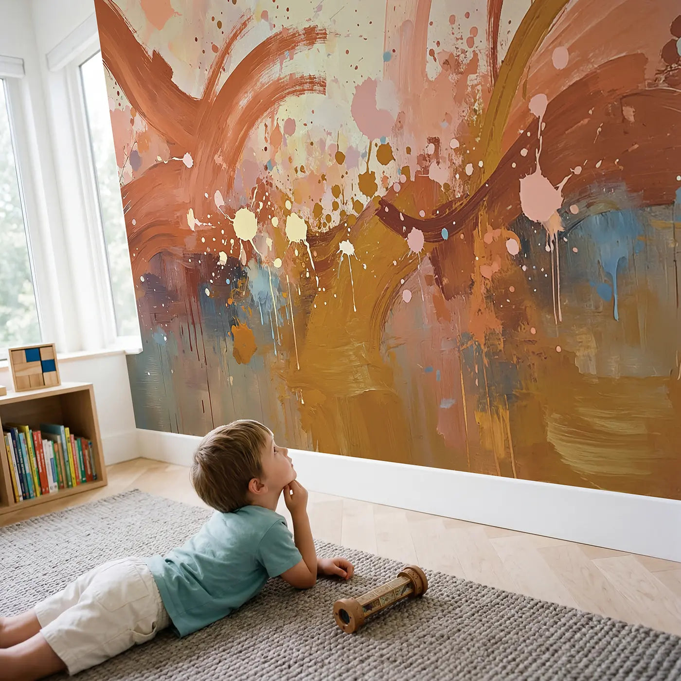 Child in nursery with Warm Gestural Abstract Brushstroke Wallpaper Mural by Whimsy Tots
