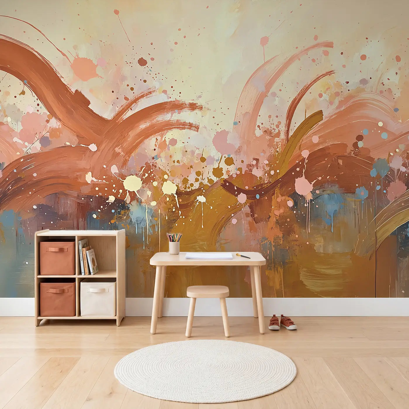 Warm Gestural Abstract Brushstroke Wallpaper Mural in playroom setting by Whimsy Tots
