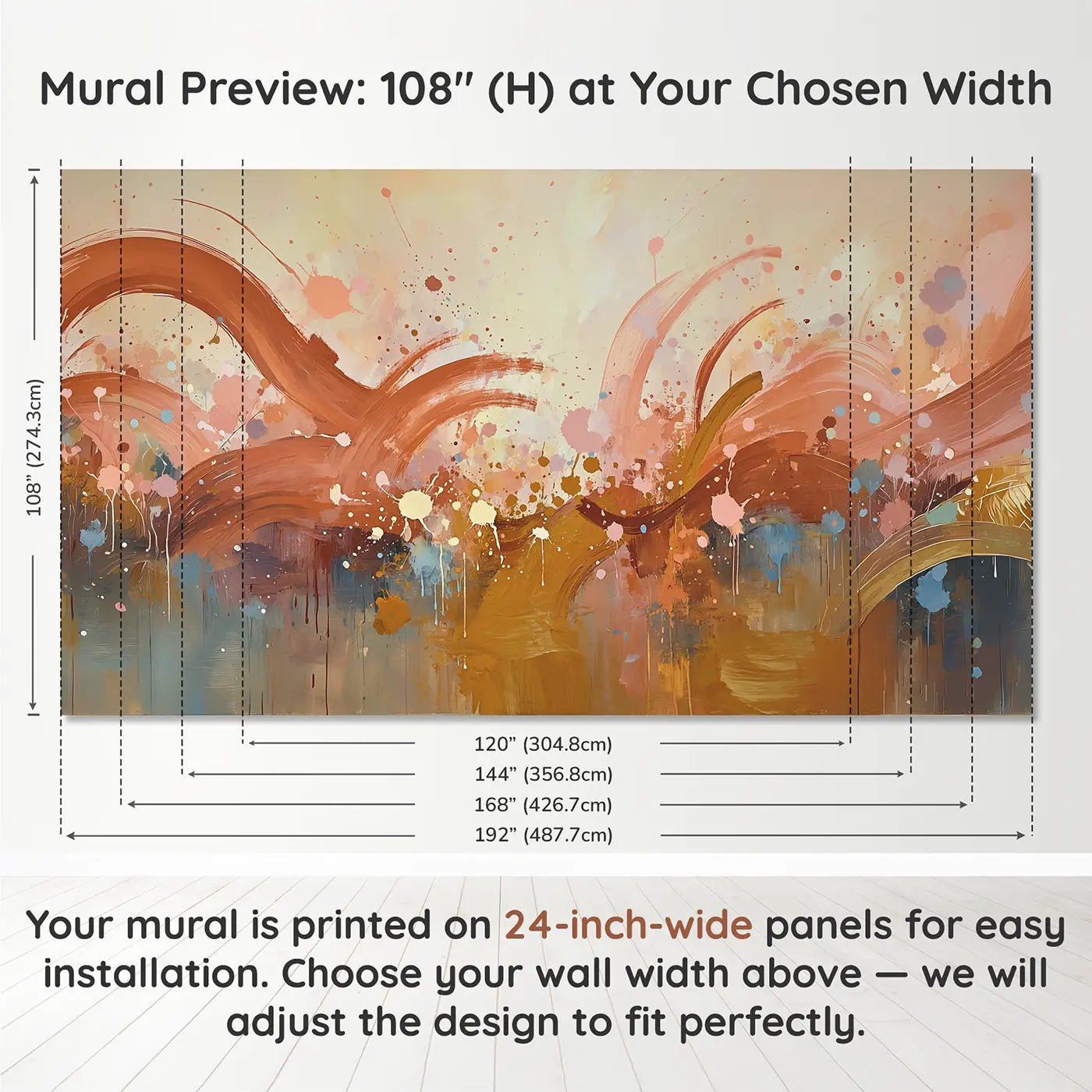 Panel layout and dimensions for Warm Gestural Abstract Brushstroke Wallpaper Mural by Whimsy Tots