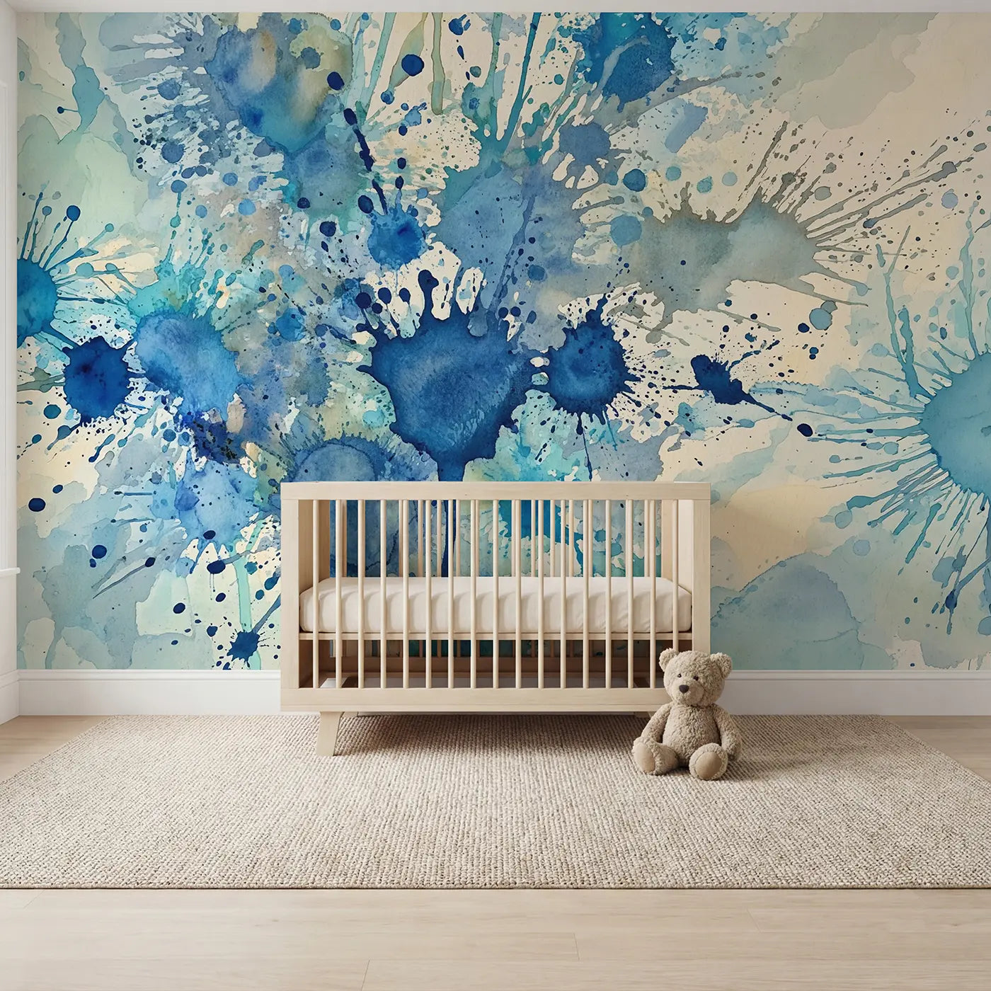 Watercolor blue splatter abstract wallpaper mural for nursery by Whimsy Tots
