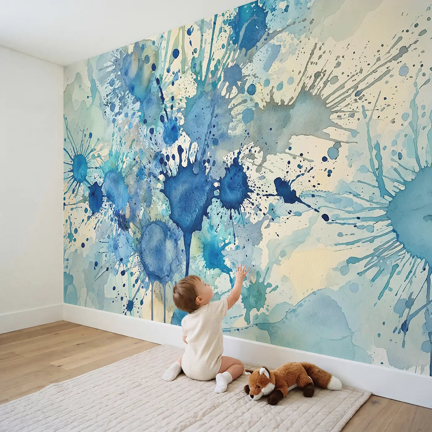 Child in nursery with Blue Splatter Abstract Wallpaper Mural by Whimsy Tots