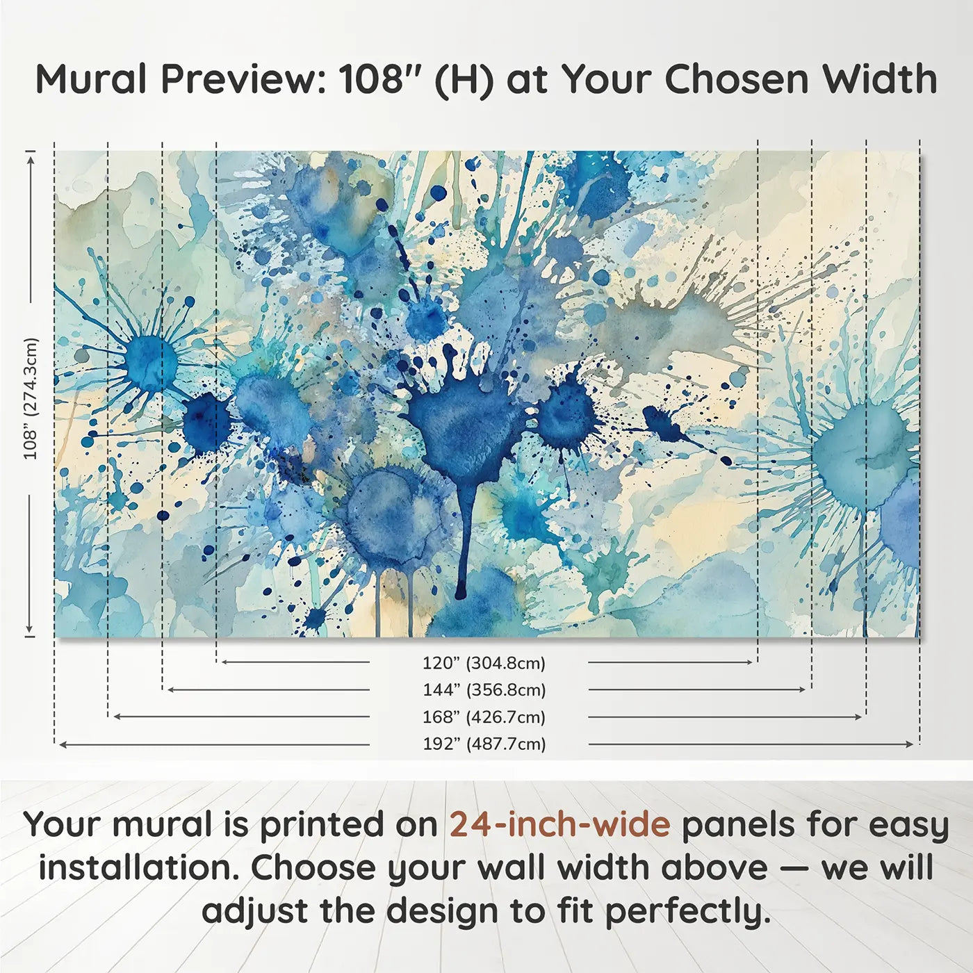 Panel layout and dimensions for Blue Splatter Abstract Wallpaper Mural by Whimsy Tots