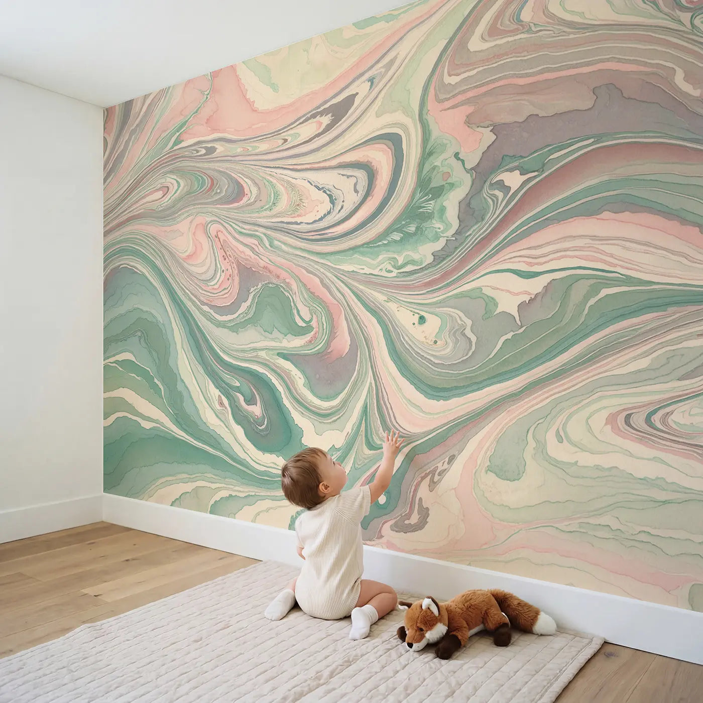 Child in nursery with Soft Marble Swirl Abstract Wallpaper Mural by Whimsy Tots