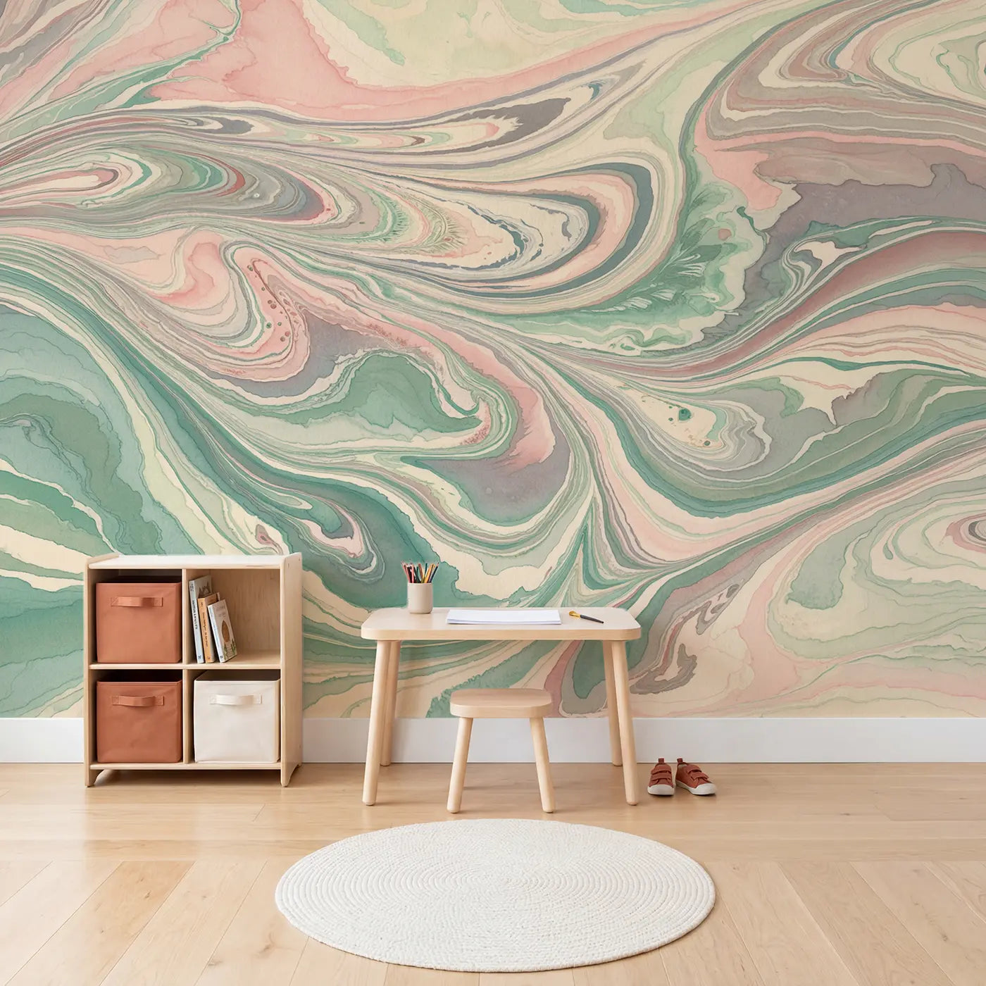 Soft Marble Swirl Abstract Wallpaper Mural in playroom setting by Whimsy Tots