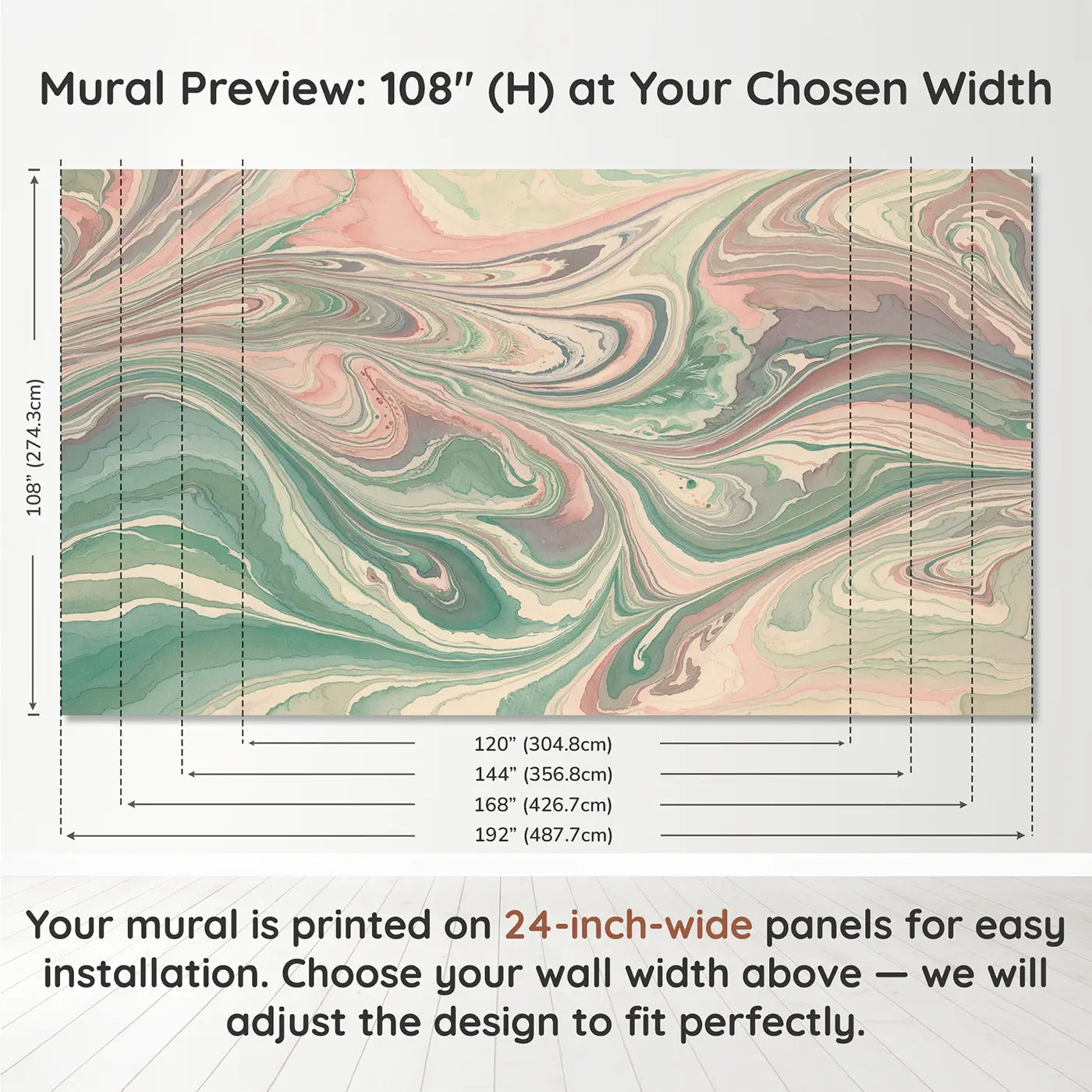 Panel layout and dimensions for Soft Marble Swirl Abstract Wallpaper Mural by Whimsy Tots