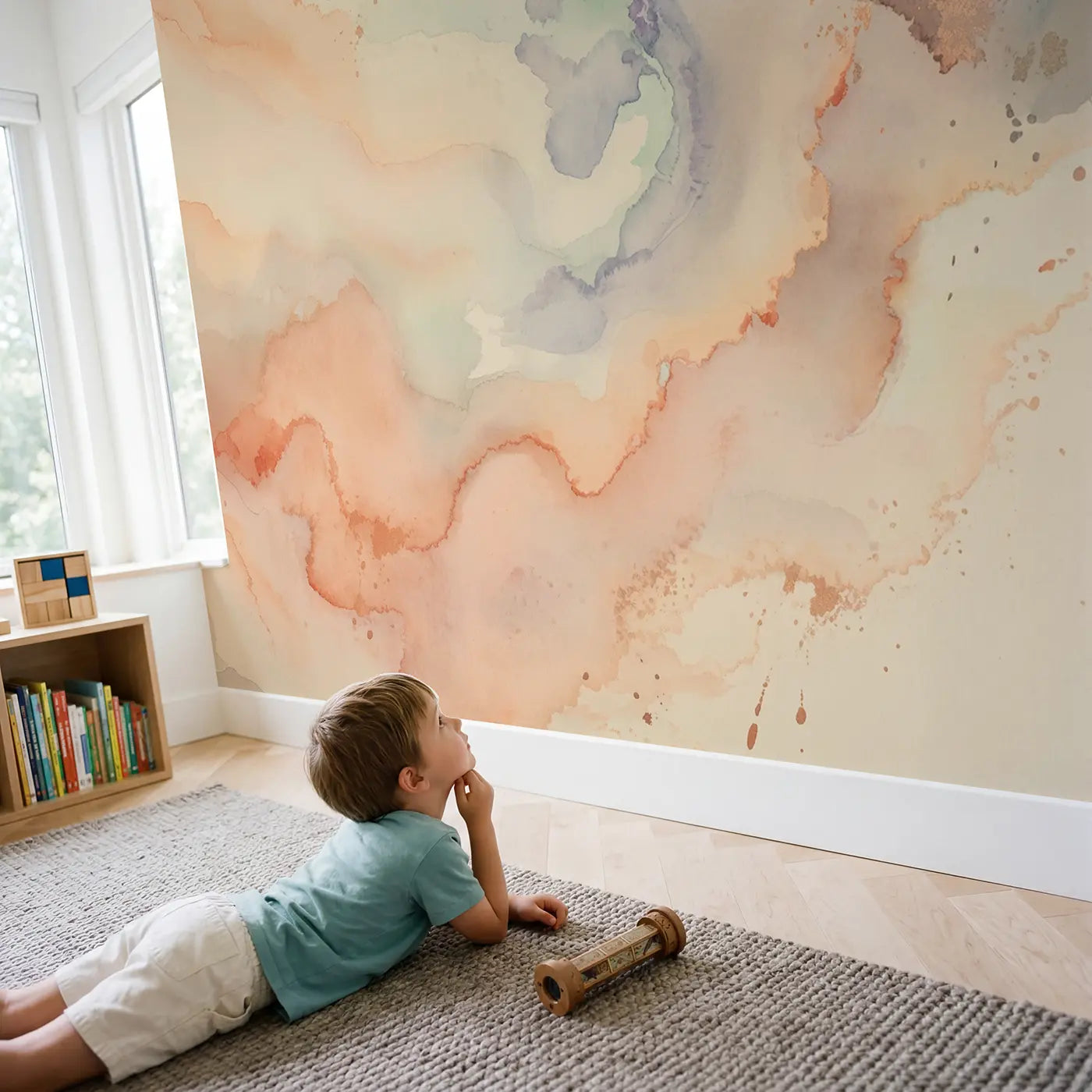 Child in nursery with Blush Ombre Watercolor Wash Wallpaper Mural by Whimsy Tots