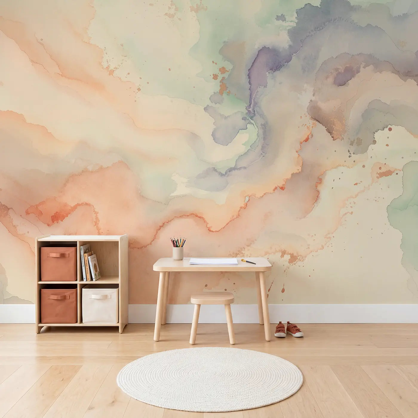 Blush Ombre Watercolor Wash Wallpaper Mural in playroom setting by Whimsy Tots