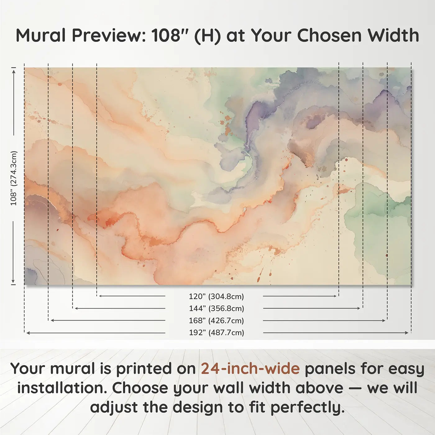 Panel layout and dimensions for Blush Ombre Watercolor Wash Wallpaper Mural by Whimsy Tots