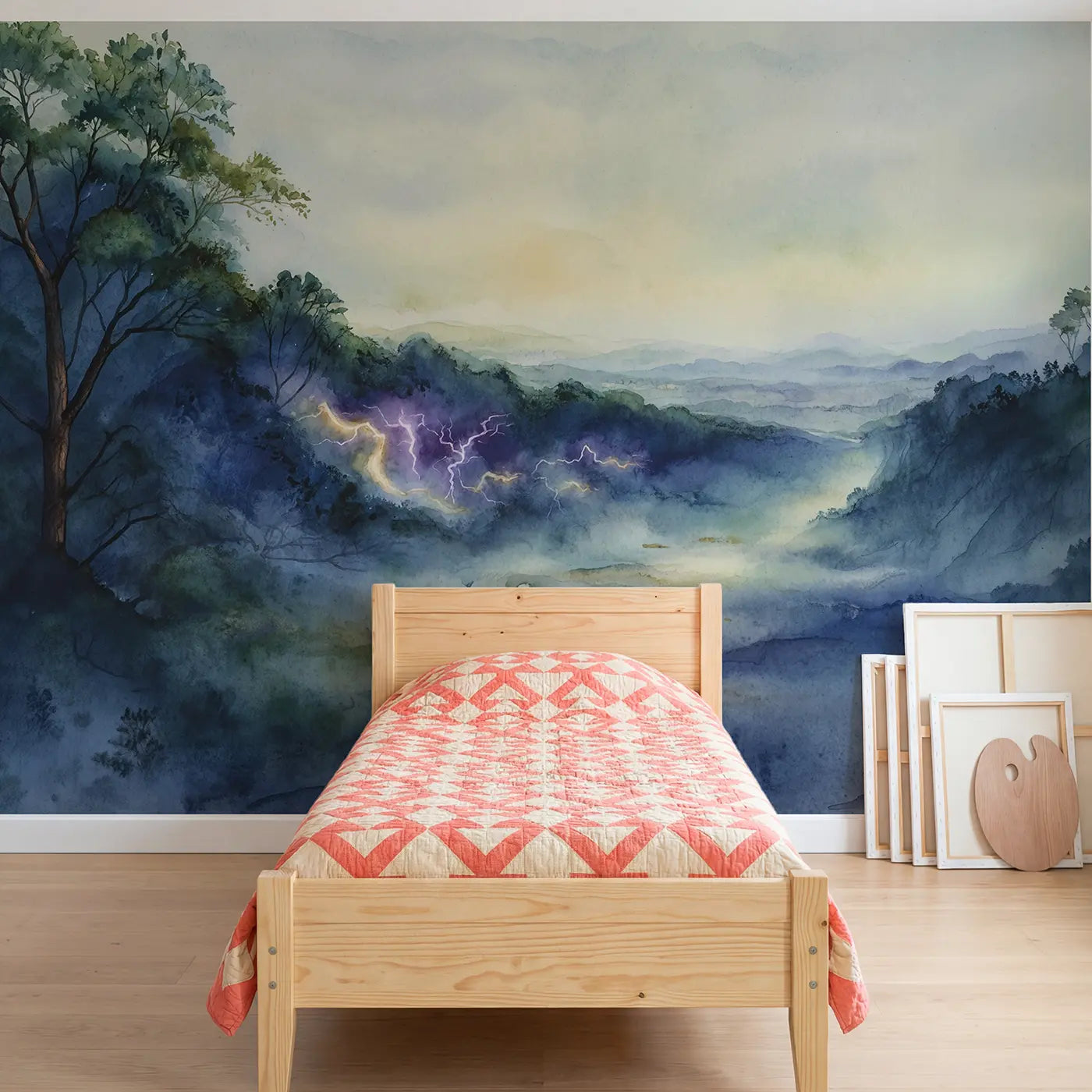 Watercolor abstract lightning purple storm wallpaper mural for girls room by Whimsy Tots
