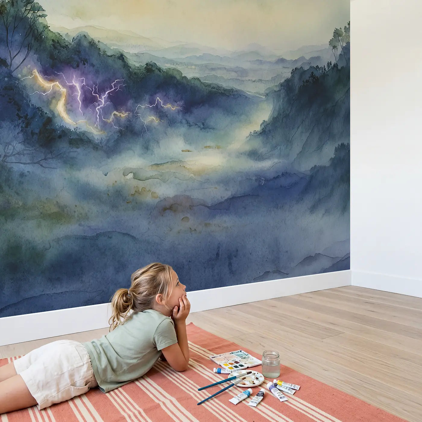 Child in nursery with Watercolor Lightning Abstract Purple Wallpaper Mural by Whimsy Tots