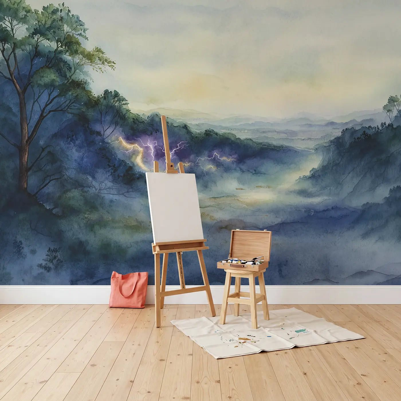 Watercolor Lightning Abstract Purple Wallpaper Mural in playroom setting by Whimsy Tots