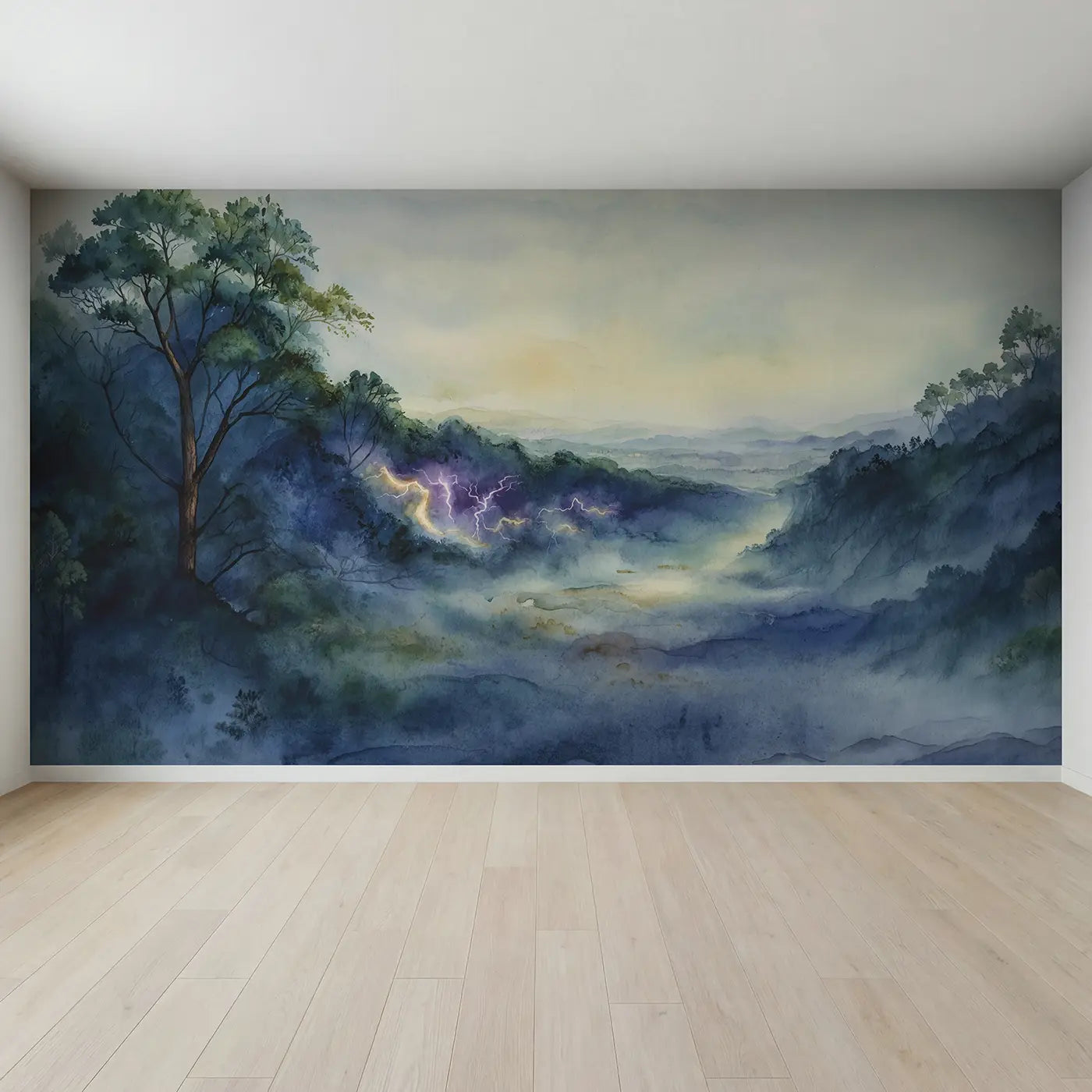 Full view of Watercolor Lightning Abstract Purple Wallpaper Mural by Whimsy Tots