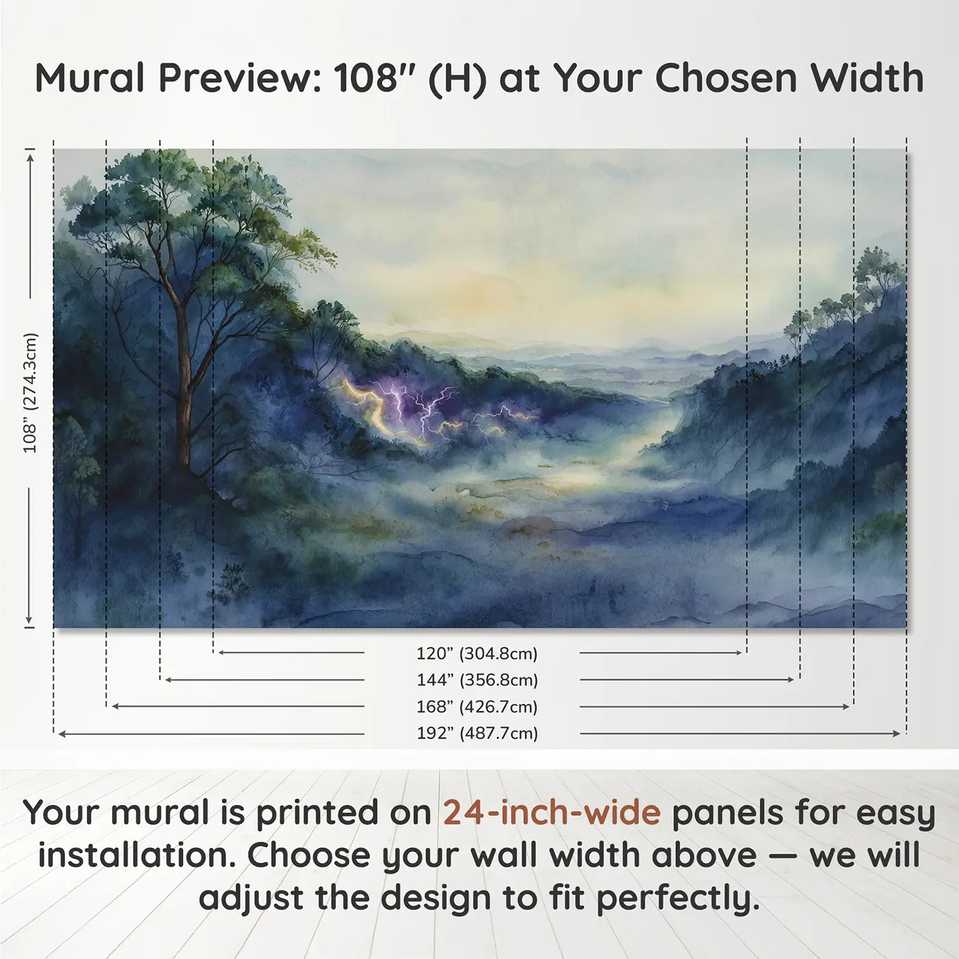 Panel layout and dimensions for Watercolor Lightning Abstract Purple Wallpaper Mural by Whimsy Tots