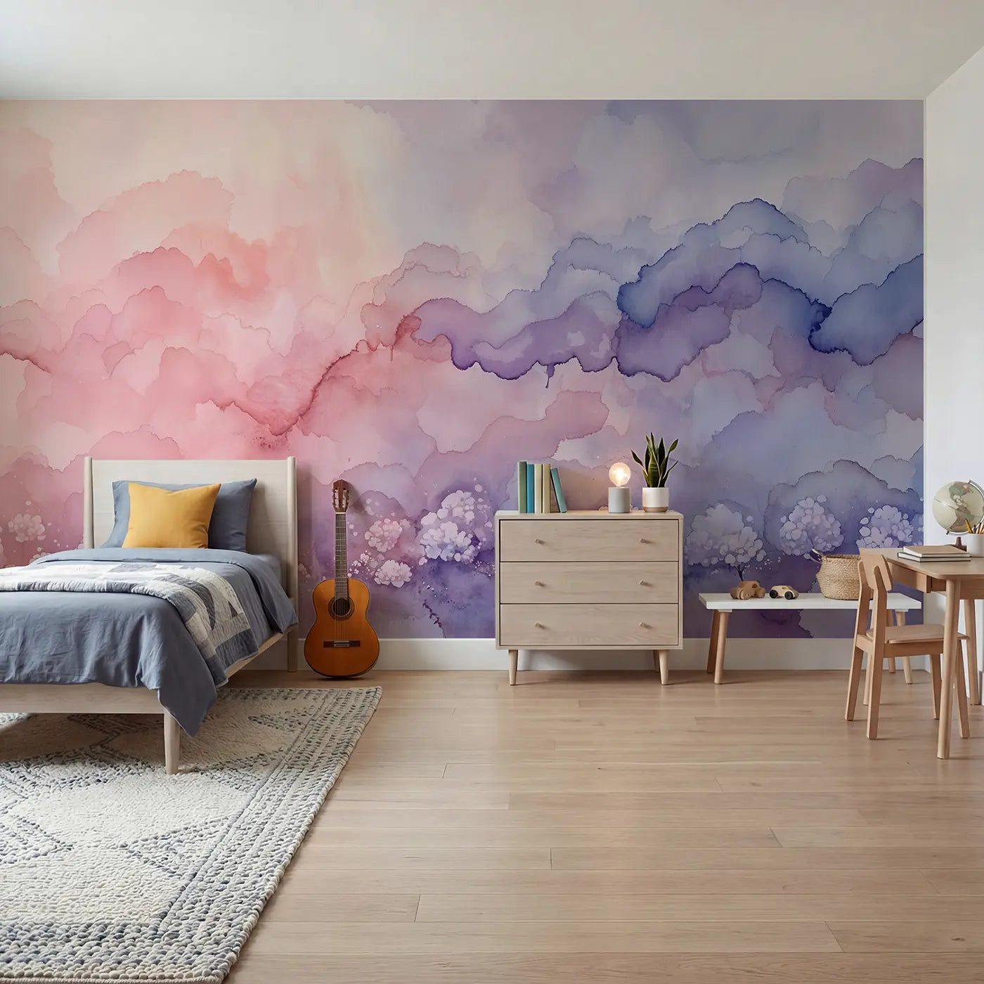 Watercolor blush to lavender ombre wallpaper mural for boys room by Whimsy Tots