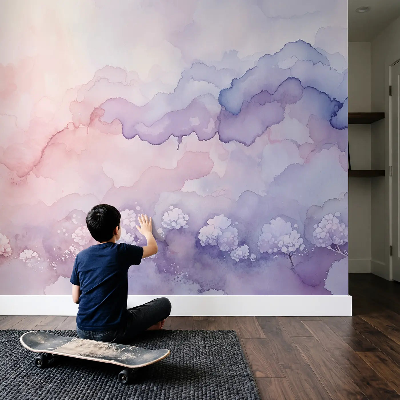 Child in nursery with Blush to Lavender Ombre Wallpaper Mural by Whimsy Tots